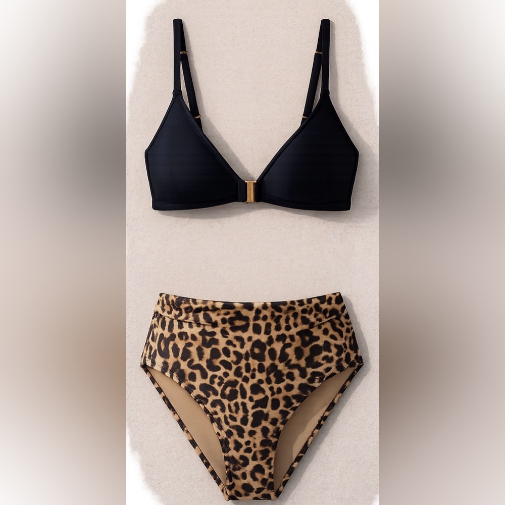 Black Bikini Top with Leopard High-Waist Bottoms